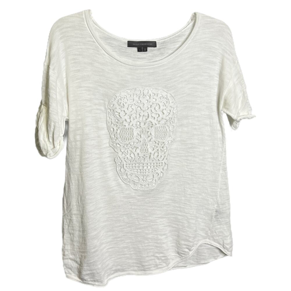 Skull Cashmere Womens White Slub Knit Lace Crochet Skull Ruched Sleeve Top S